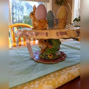 Easter Egg Cake Plate Stand Bunny Basket Egg Holders Ceramic Set W/Eggs Rare